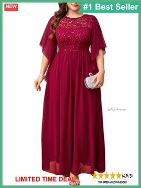 Plus Size Sequin Lace Chiffon A-Line Maxi Formal Dress Handkerchief Sleeve Gown